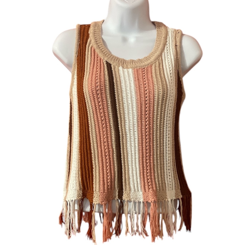Crave Fame Striped Crochet Knit Fringe Tank Top S